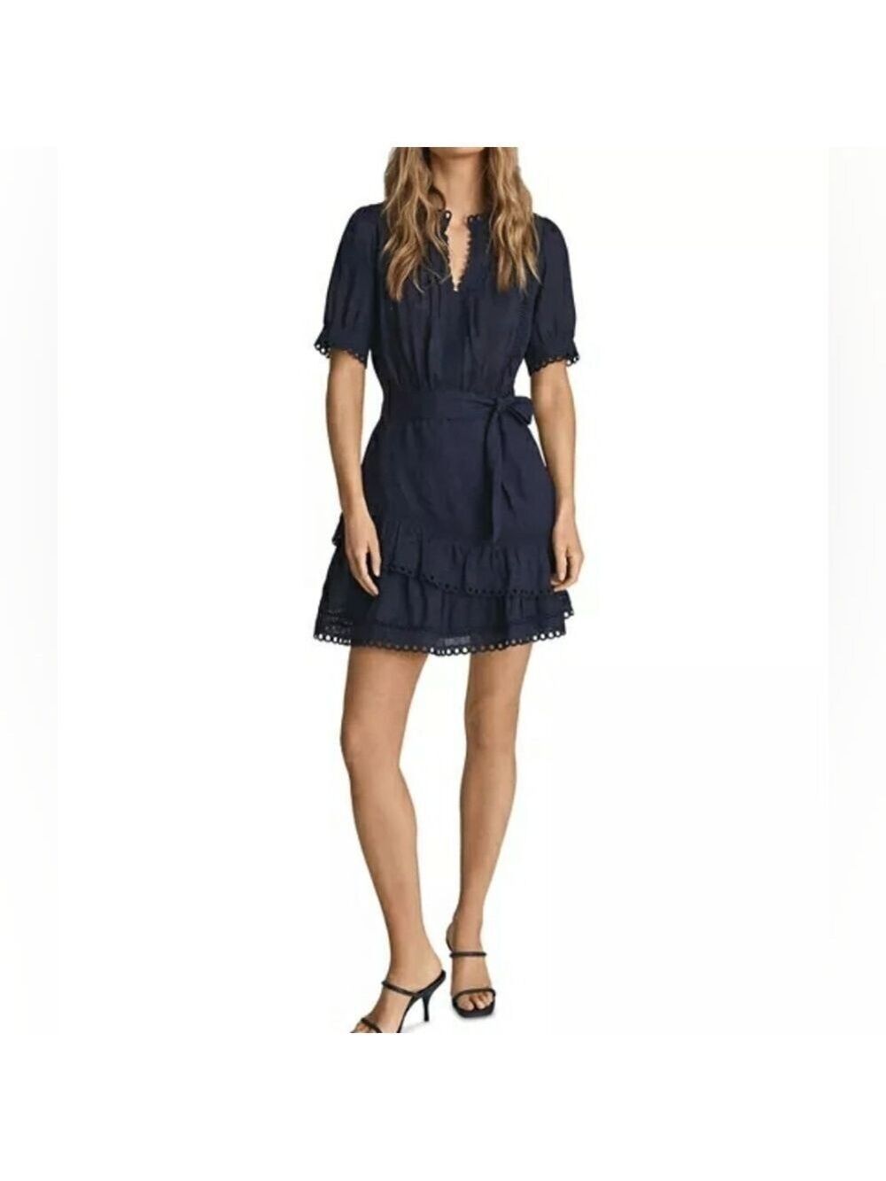 *REISS Paulina Navy Blue Embroidered Ruffle Mini Dress Size 4